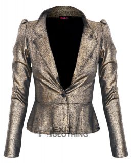 Womens Metallic Gold Multitone Shimmer Crop Peplum Jacket Blazer Coat 