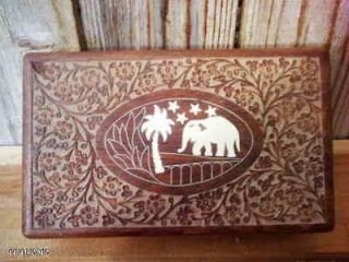 Floral Carved Wooden Jewelry Box Elephant Inlay Top Brass Hinges Made 