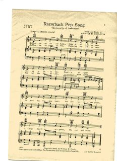 Vtg UNIVERSITY OF ARKANSAS college song  RAZORBACK PEP SONG ~ c 1924