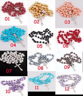 12Colors Imitated Pearl Bead Rosary Long Drop Crucifix Pendant Chain 