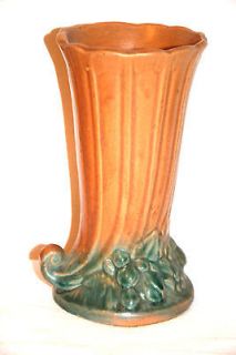 McCoy Pottery Matte Brown & Green 8 Cornucopia Vase 1920s Leaves and 