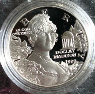 1999 PROOF Dolley Madison US Mint Silver Dollar Coin Set COA & Box 