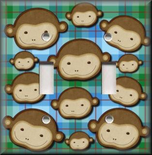 Light Switch Plate Cover   Cute Monkey Faces   Blue Green Background 
