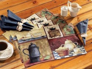 Coffee Break Tapestry Placemats Napkins Rings Holders Table Linens Set