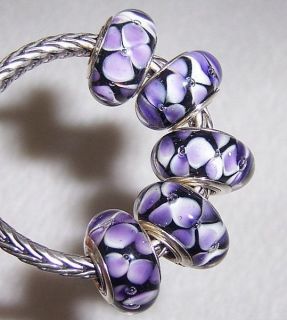 Purple Flower Murano Glass Beads fit European Bracelet a151