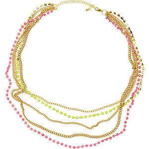 GOLD COLOURED MULTI STRAND NEON YELLOW & PINK NECKLACE BNWT 
