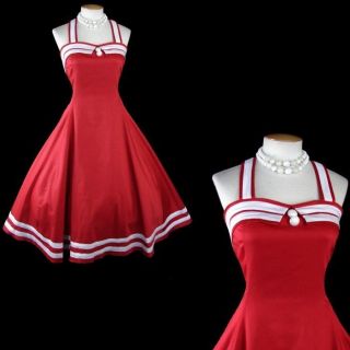 Vintage 50s Dress RED NAUTICAL SAILOR Rockabilly Halter Circle 