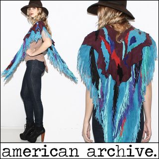 vtg 70s Suede SOUTHWESTERN Fringe draped boho vest Hippie Leather cape 