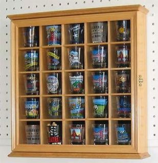 25 Shot Glass Display Case Rack Holder Wall Cabinet, REAL Glass Door 