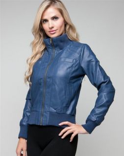 New Women Blue Zipper Autumn Indigo Faux Leather Aviator Jacket S   M 