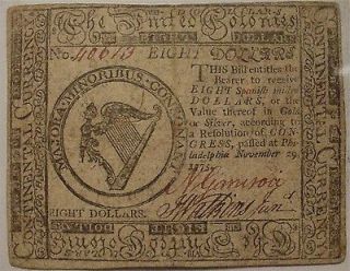 1775 Continental Currency   8 Dollars  Very Fine  Nov 29,1775  Not 