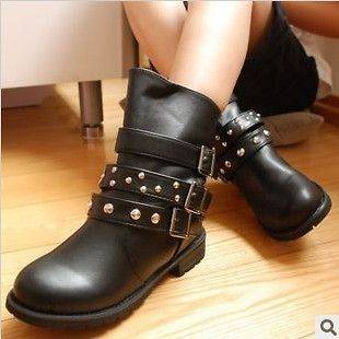   Goth Buckle Strap Studded Low heel Round Toe Motorcycle Ankle Boots