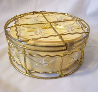 Paper Coasters in Gold Wire Basket Wedding Guest Room Dressing Table