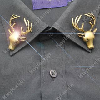 1x Vintage Copper Elk Milu Head Horn Red Deer Shirt Collar Neck Tips 