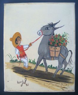   Mexican boy pulling donkey oil painting on canvas signed WJS 1985