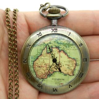 Australia Map Vintage Style Quartz Pocket Watch Necklace Xmas Gift P55