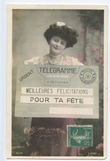   Lady Big Telegram Letter original vintage old 1910s photo postcard