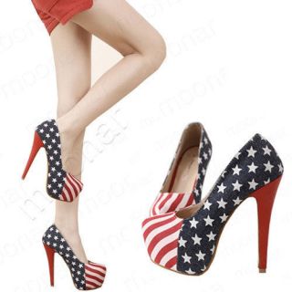Career Darkblue Women American Flag Star High Heel Party Shoes Pump US 