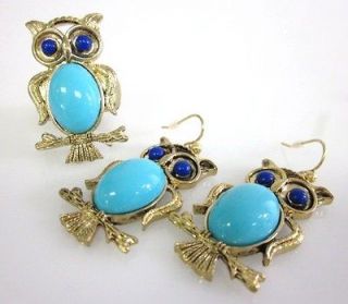 NEW MARLYN SCHIFF Gold Tone Aqua Owl Ring Earrings Set