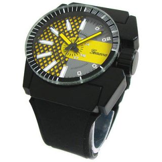   & YELLOW Large Case Geneva Silicone Rubber Band Sport Mens WATCH