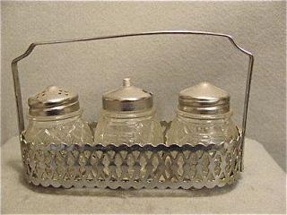 Vintage 3 Piece Chrome Condiment Set with Carrier Made In Hong Kong