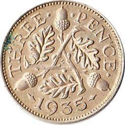 1935 Great Britain (UK) 3 Pence Small Silver Coin KM#831