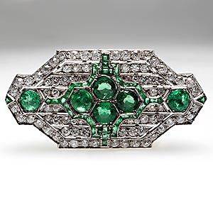 Art Deco Antique Emerald & Diamond Brooch Pin Solid Platinum Fine 