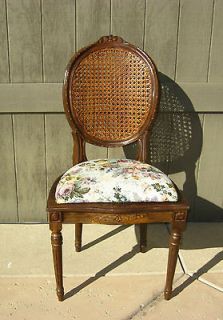   French Provincial Double Cane Back Designer Floral Fabric Wood Chair