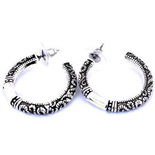 Bali Detailed Post Closure Hoop Style Design Silver Plated Earrings