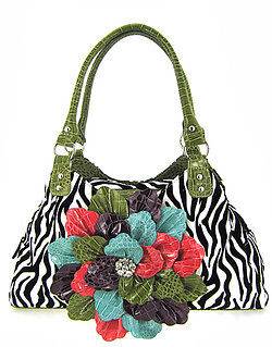 New Flower Zebra Print Handbag Satchel Tote w/ Rhinestones ZT795F GNMT 