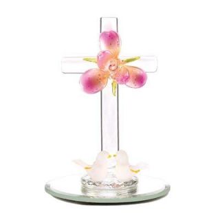   Cross Glass Figurine Home Decor Christian Religious Accent Rose Doves