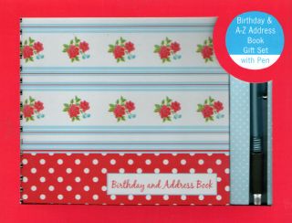   and Address Book Gift Set with Blue Pen Red Roses Blue Lines Design