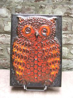 Ceramano orange red owl on fat Lava stylish ceramic wall panel Germany 