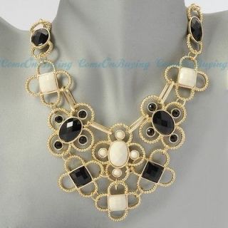   Chain Flower Hollow White Black Resin Beads Pendant Bib Necklace