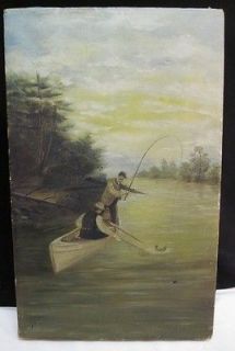 ANTIQUE 1800s OIL PAINTING~MEN FISHING~BOAT RIVER~SPORT~SG​ND SCHICK 