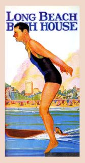 Man Swim Long Beach California Bath House Boat Sea Vintage Poster Repo 