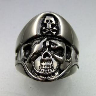  Black Silver Stainless Steel Skull Pirate Captain Mens Ring Size 12