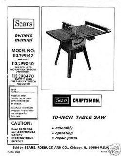  Craftsman Table Saw Manual No.113.299040