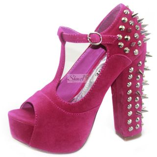 Pink Sexy Spike T Strap Platform Chunky High Heel Pump Sandal Bootie 