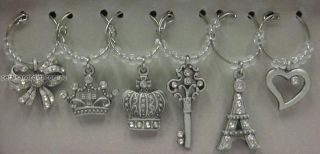 Pewter & Diamonte Wine Glass Charms French Provincial Paris Crown 