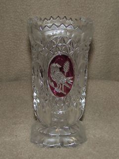   ruffle top thick crystal clear floral cut red cameo bird glass vase