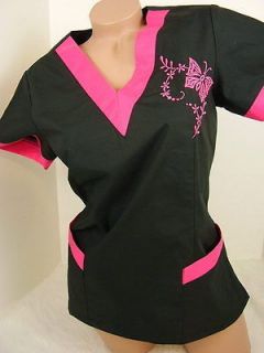 New Nursing Scrub Black Pink Embroidery Butterfly Poly Top XS (2)