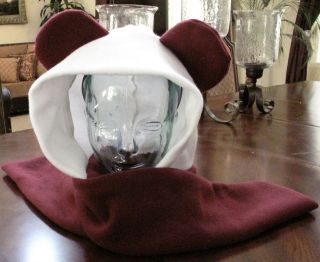 Panda Burgundy/white fleece ear scarf hoodie hat in 6 sizes