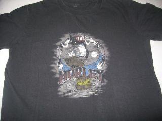 HURLEY Pirate Ship with Skull & Swords Logo black 2 sided T shirt boys 