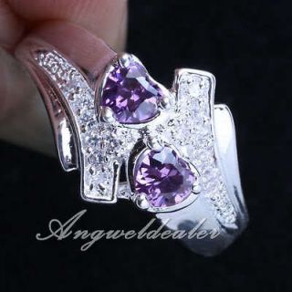 Chic 2 stone Heart Purple Amethyst Lady Silver Wedding Ring Size 7