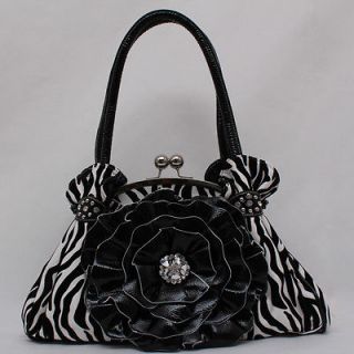 Zebra Print Handbag,Large Flower Accent & Rhinestone Decorate Satchel 