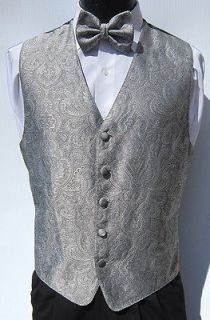 Mens Silver Patterned Fullback Vest & Bow Tie Wedding Prom Paisley 
