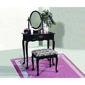 Cherry Vanity Set with Mirror and Bench with Floral Designed Stool