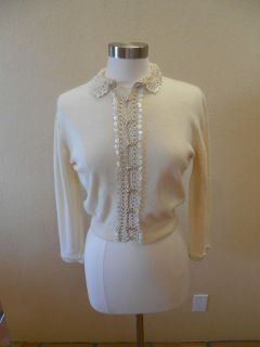 Vintage Womens Cashmere Mother of Pearl Hand Crocheted Collar Beaded 