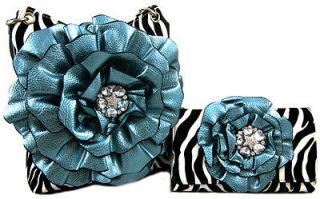   3D Rose Flower Crossbody Messenger Bag Purse Wallet SET Blue